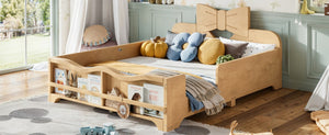 English Elm Full Size Montessori Pine Floor Bed with Bowknot Headboard and Built-In Bookshelf Natural W5305P506775