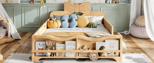 English Elm Full Size Montessori Pine Floor Bed with Bowknot Headboard and Built-In Bookshelf Natural W5305P506775
