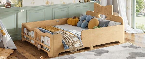 English Elm Full Size Montessori Pine Floor Bed with Bowknot Headboard and Built-In Bookshelf Natural W5305P506775