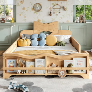 English Elm Full Size Montessori Pine Floor Bed with Bowknot Headboard and Built-In Bookshelf Natural W5305P506775