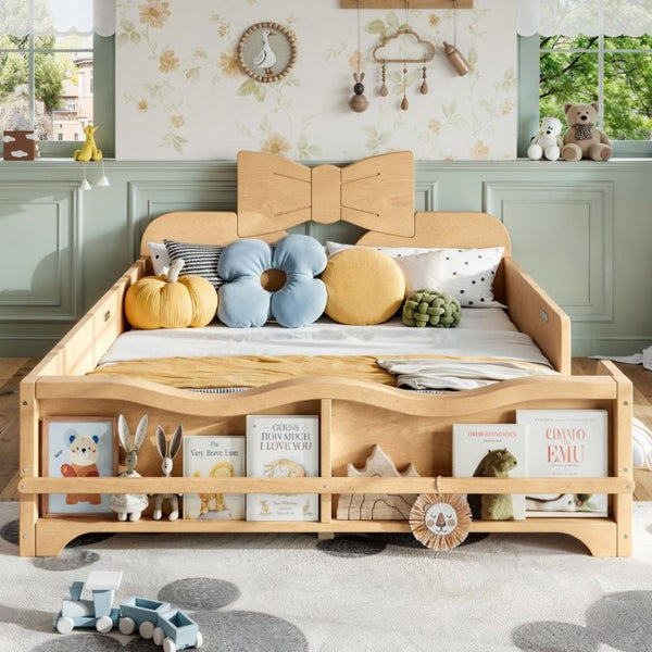 English Elm Full Size Montessori Pine Floor Bed with Bowknot Headboard and Built-In Bookshelf Natural W5305P506775