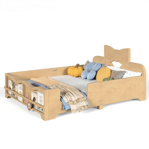 English Elm Full Size Montessori Pine Floor Bed with Bowknot Headboard and Built-In Bookshelf Natural W5305P506775