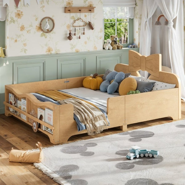 English Elm Full Size Montessori Pine Floor Bed with Bowknot Headboard and Built-In Bookshelf Natural W5305P506775