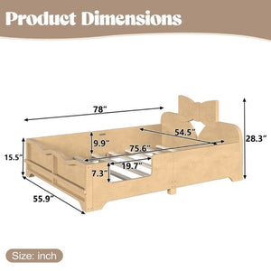 English Elm Full Size Montessori Pine Floor Bed with Bowknot Headboard and Built-In Bookshelf Natural W5305P506775