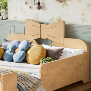 English Elm Full Size Montessori Pine Floor Bed with Bowknot Headboard and Built-In Bookshelf Natural W5305P506775