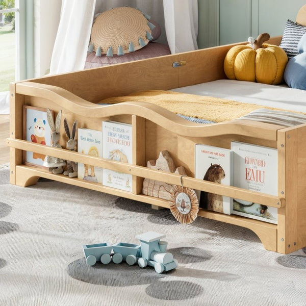 English Elm Full Size Montessori Pine Floor Bed with Bowknot Headboard and Built-In Bookshelf Natural W5305P506775