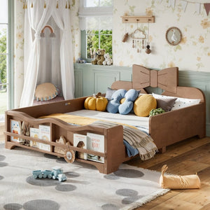 English Elm Full Size Montessori Pine Floor Bed with Bowknot Headboard and Built-In Bookshelf Deep Natural W5305P506779