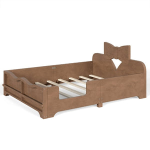 English Elm Full Size Montessori Pine Floor Bed with Bowknot Headboard and Built-In Bookshelf Deep Natural W5305P506779