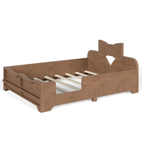 English Elm Full Size Montessori Pine Floor Bed with Bowknot Headboard and Built-In Bookshelf Deep Natural W5305P506779
