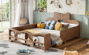 English Elm Full Size Montessori Pine Floor Bed with Bowknot Headboard and Built-In Bookshelf Deep Natural W5305P506779