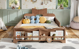 English Elm Full Size Montessori Pine Floor Bed with Bowknot Headboard and Built-In Bookshelf Deep Natural W5305P506779
