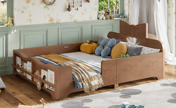 English Elm Full Size Montessori Pine Floor Bed with Bowknot Headboard and Built-In Bookshelf Deep Natural W5305P506779