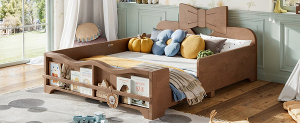 English Elm Full Size Montessori Pine Floor Bed with Bowknot Headboard and Built-In Bookshelf Deep Natural W5305P506779