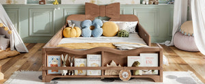 English Elm Full Size Montessori Pine Floor Bed with Bowknot Headboard and Built-In Bookshelf Deep Natural W5305P506779