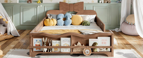 English Elm Full Size Montessori Pine Floor Bed with Bowknot Headboard and Built-In Bookshelf Deep Natural W5305P506779