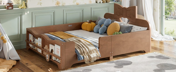English Elm Full Size Montessori Pine Floor Bed with Bowknot Headboard and Built-In Bookshelf Deep Natural W5305P506779