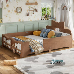 English Elm Full Size Montessori Pine Floor Bed with Bowknot Headboard and Built-In Bookshelf Deep Natural W5305P506779