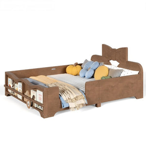 English Elm Full Size Montessori Pine Floor Bed with Bowknot Headboard and Built-In Bookshelf Deep Natural W5305P506779