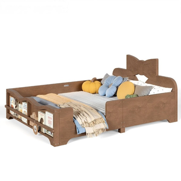 English Elm Full Size Montessori Pine Floor Bed with Bowknot Headboard and Built-In Bookshelf Deep Natural W5305P506779