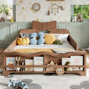 English Elm Full Size Montessori Pine Floor Bed with Bowknot Headboard and Built-In Bookshelf Deep Natural W5305P506779