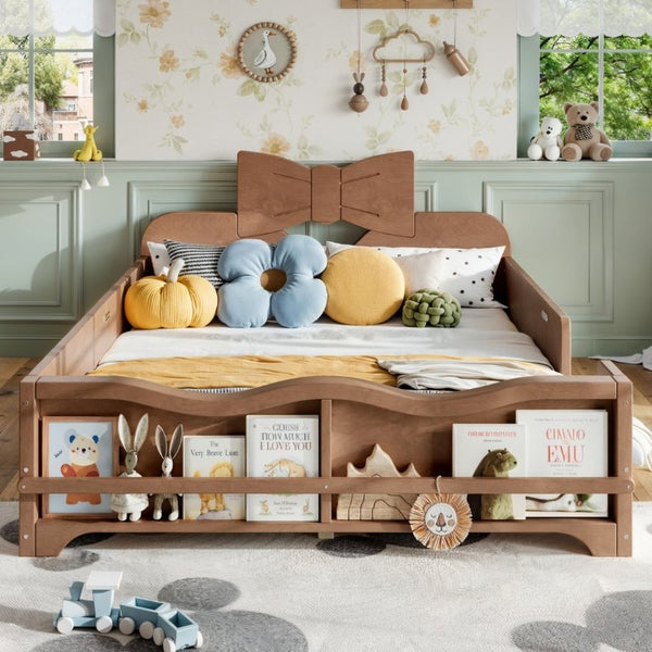English Elm Full Size Montessori Pine Floor Bed with Bowknot Headboard and Built-In Bookshelf Deep Natural W5305P506779