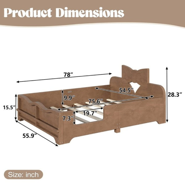 English Elm Full Size Montessori Pine Floor Bed with Bowknot Headboard and Built-In Bookshelf Deep Natural W5305P506779