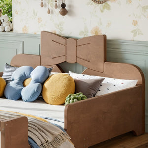 English Elm Full Size Montessori Pine Floor Bed with Bowknot Headboard and Built-In Bookshelf Deep Natural W5305P506779