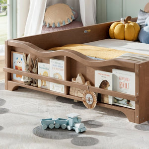English Elm Full Size Montessori Pine Floor Bed with Bowknot Headboard and Built-In Bookshelf Deep Natural W5305P506779