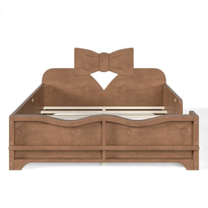 English Elm Full Size Montessori Pine Floor Bed with Bowknot Headboard and Built-In Bookshelf Deep Natural W5305P506779