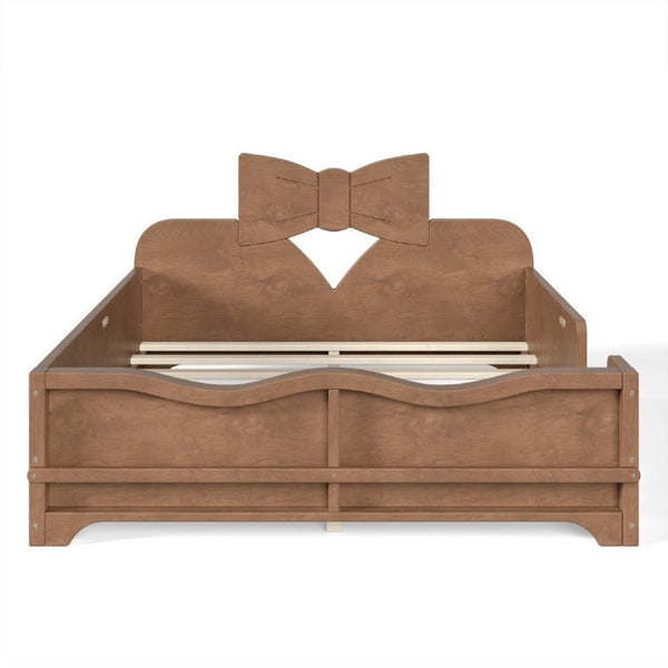 English Elm Full Size Montessori Pine Floor Bed with Bowknot Headboard and Built-In Bookshelf Deep Natural W5305P506779