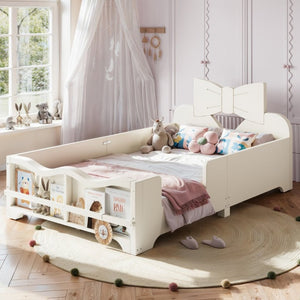 English Elm Twin Pine Wood Montessori Floor Bed with Bowknot Headboard and Footboard Bookshelf Beige W5305P506958