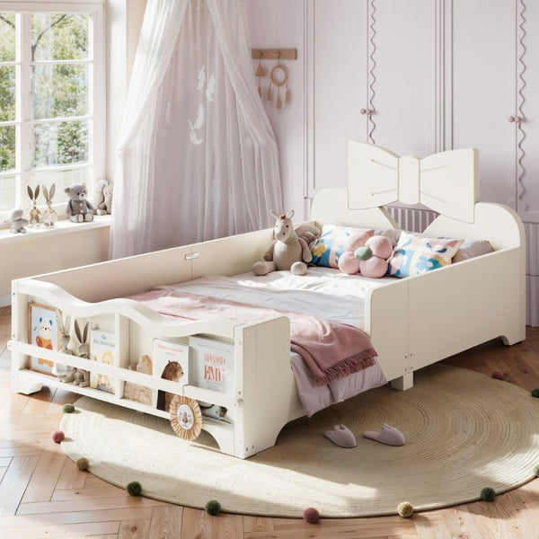 English Elm Twin Pine Wood Montessori Floor Bed with Bowknot Headboard and Footboard Bookshelf Beige W5305P506958