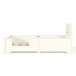English Elm Twin Pine Wood Montessori Floor Bed with Bowknot Headboard and Footboard Bookshelf Beige W5305P506958