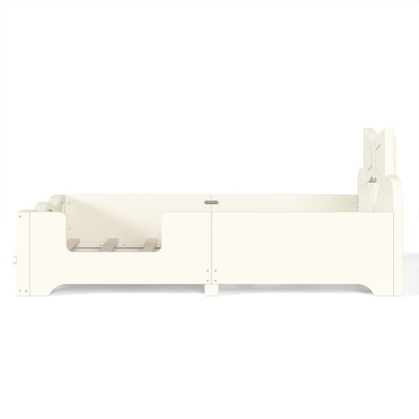 English Elm Twin Pine Wood Montessori Floor Bed with Bowknot Headboard and Footboard Bookshelf Beige W5305P506958