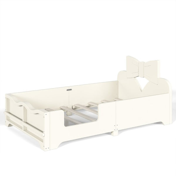 English Elm Twin Pine Wood Montessori Floor Bed with Bowknot Headboard and Footboard Bookshelf Beige W5305P506958