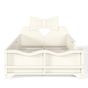 English Elm Twin Pine Wood Montessori Floor Bed with Bowknot Headboard and Footboard Bookshelf Beige W5305P506958