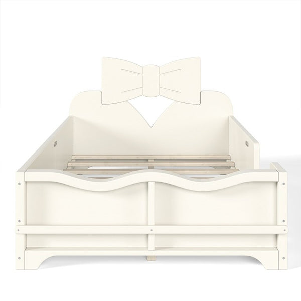 English Elm Twin Pine Wood Montessori Floor Bed with Bowknot Headboard and Footboard Bookshelf Beige W5305P506958