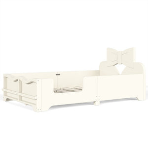 English Elm Twin Pine Wood Montessori Floor Bed with Bowknot Headboard and Footboard Bookshelf Beige W5305P506958
