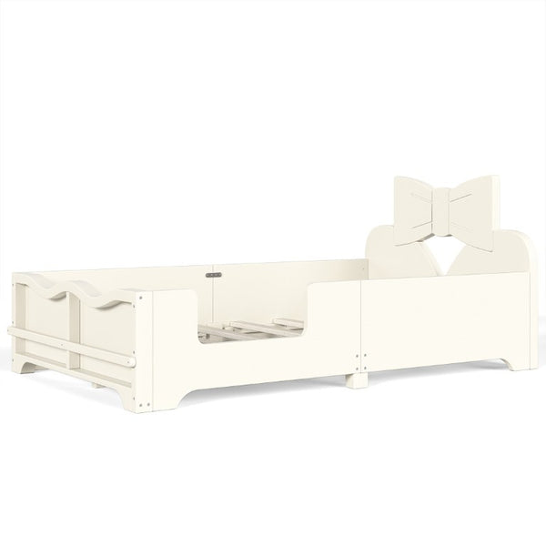 English Elm Twin Pine Wood Montessori Floor Bed with Bowknot Headboard and Footboard Bookshelf Beige W5305P506958