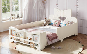 English Elm Twin Pine Wood Montessori Floor Bed with Bowknot Headboard and Footboard Bookshelf Beige W5305P506958