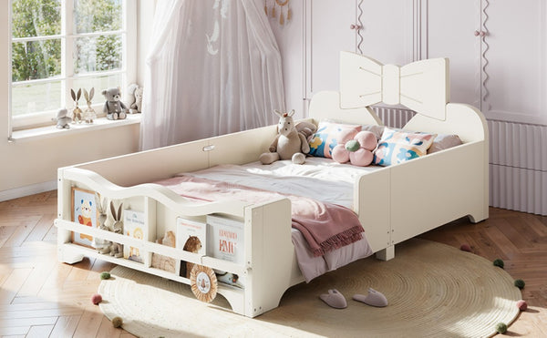 English Elm Twin Pine Wood Montessori Floor Bed with Bowknot Headboard and Footboard Bookshelf Beige W5305P506958