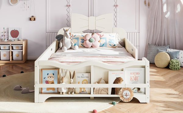 English Elm Twin Pine Wood Montessori Floor Bed with Bowknot Headboard and Footboard Bookshelf Beige W5305P506958