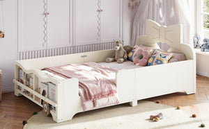 English Elm Twin Pine Wood Montessori Floor Bed with Bowknot Headboard and Footboard Bookshelf Beige W5305P506958