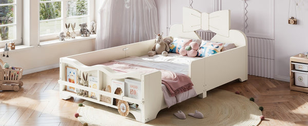 English Elm Twin Pine Wood Montessori Floor Bed with Bowknot Headboard and Footboard Bookshelf Beige W5305P506958