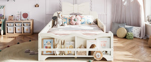 English Elm Twin Pine Wood Montessori Floor Bed with Bowknot Headboard and Footboard Bookshelf Beige W5305P506958