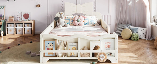 English Elm Twin Pine Wood Montessori Floor Bed with Bowknot Headboard and Footboard Bookshelf Beige W5305P506958