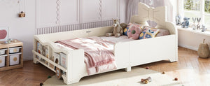 English Elm Twin Pine Wood Montessori Floor Bed with Bowknot Headboard and Footboard Bookshelf Beige W5305P506958