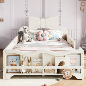 English Elm Twin Pine Wood Montessori Floor Bed with Bowknot Headboard and Footboard Bookshelf Beige W5305P506958