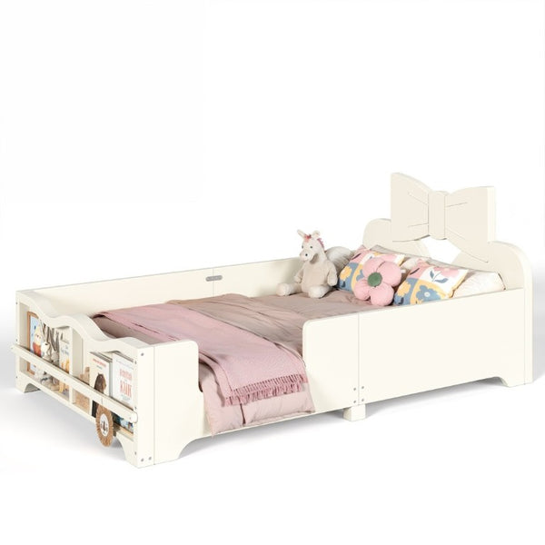 English Elm Twin Pine Wood Montessori Floor Bed with Bowknot Headboard and Footboard Bookshelf Beige W5305P506958