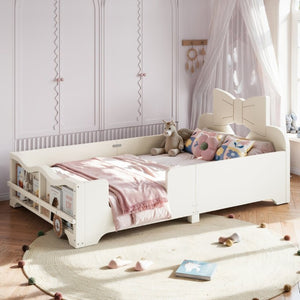 English Elm Twin Pine Wood Montessori Floor Bed with Bowknot Headboard and Footboard Bookshelf Beige W5305P506958